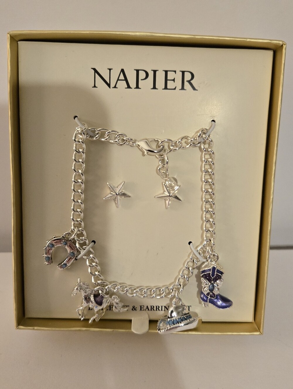 Napier New Silver Tone Western Charm Bracelet & Pierced Earring Boxed Set